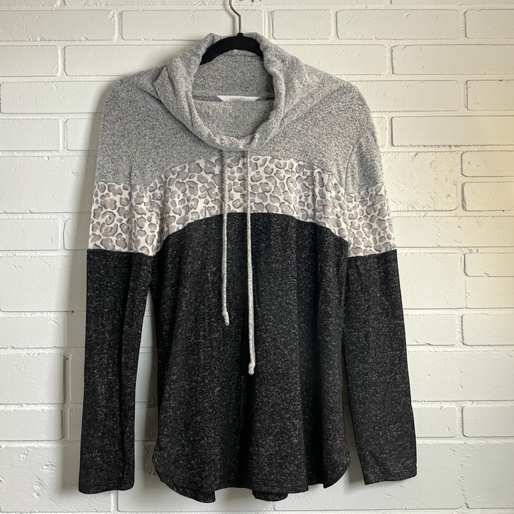 Market & Spruce Leopard Colorblock Cowl Neck Top Boho Cozy Chic Medium